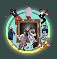 a group of people posing in front of a frame
