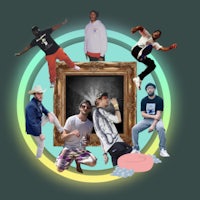 a group of people posing in front of a frame